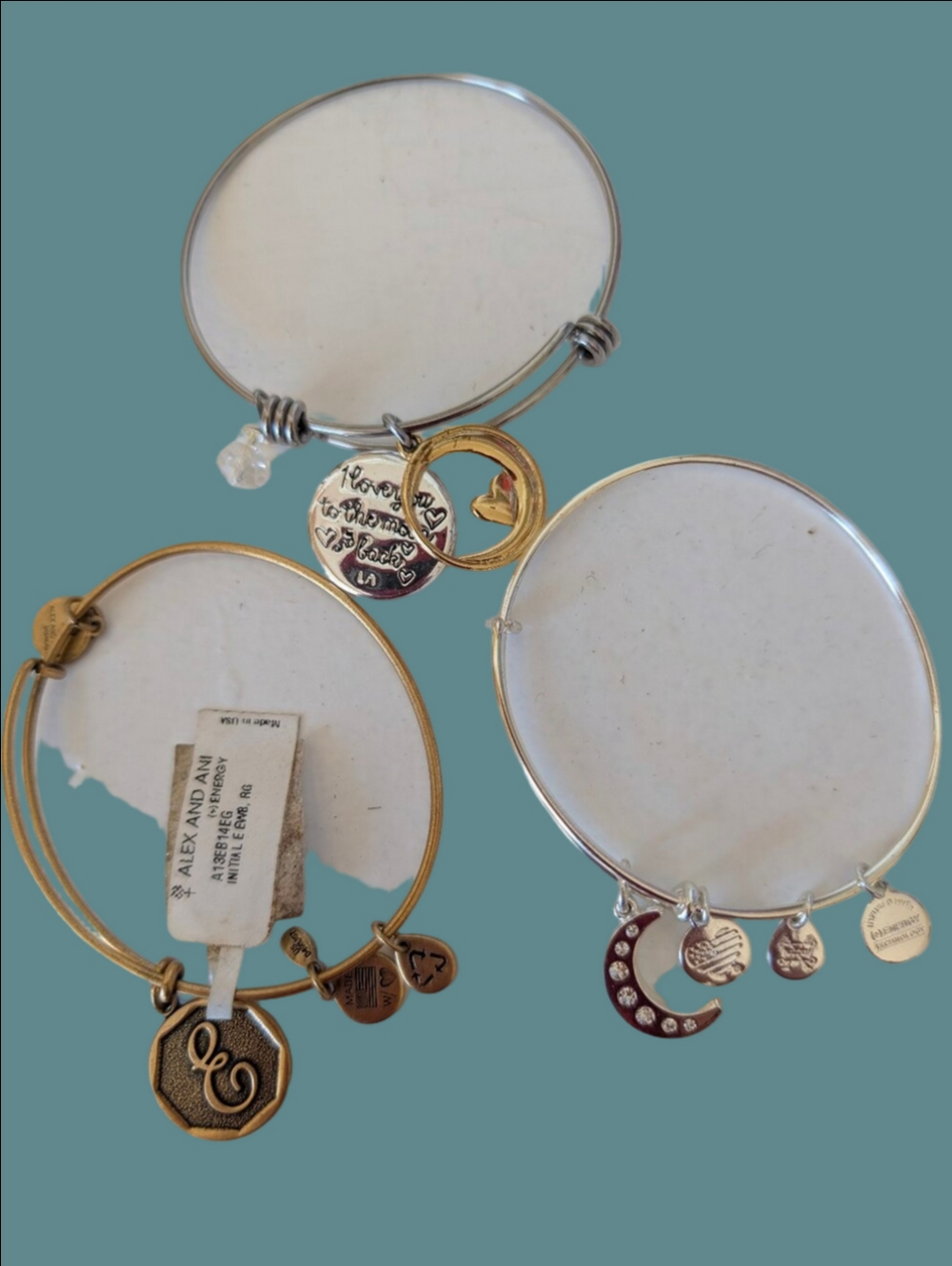 Alex and Ani Mixed Silver and Gold Charm Bangle 2 Signed 1 Unsigned